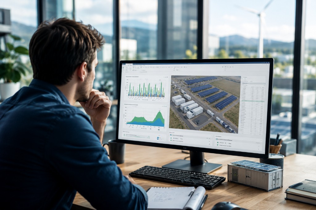 Professional reviewing a hybrid solar and BESS project dashboard — FIDgate