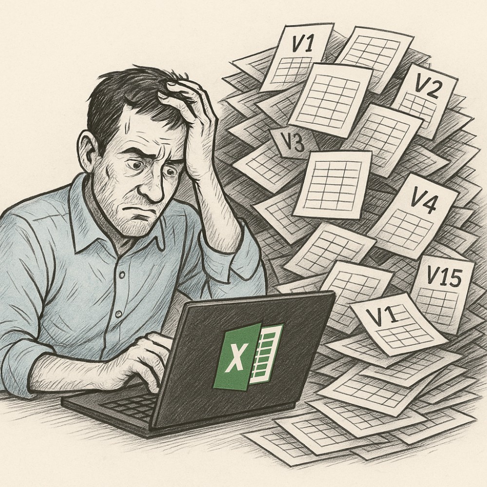Stressed professional buried in spreadsheet versions V1–V15 — the Excel farm nightmare