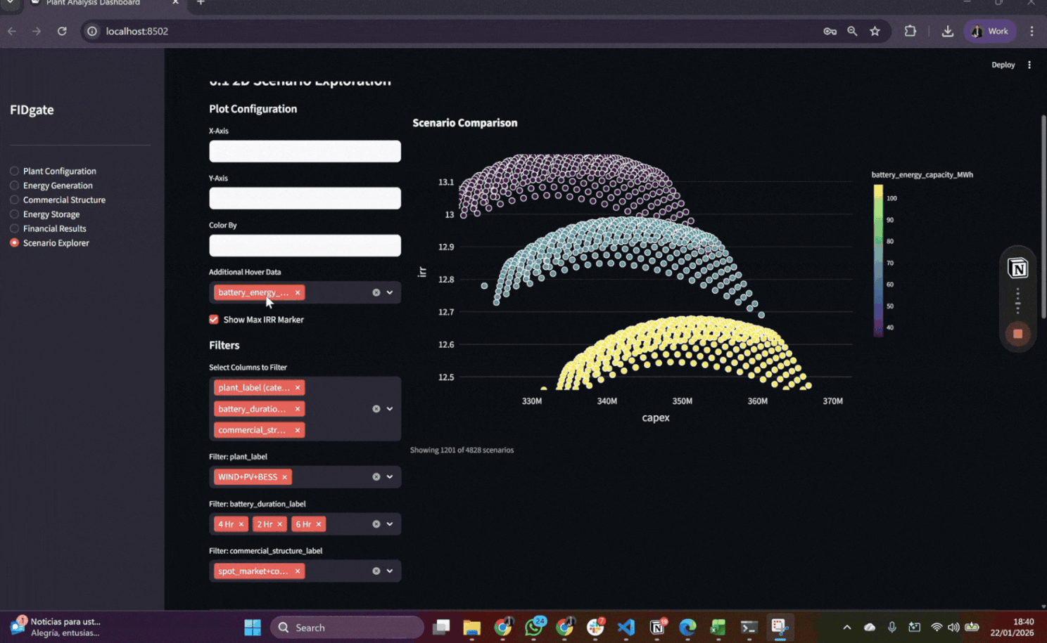 FIDgate Scenario Explorer mostrando miles de configuraciones de diseño
